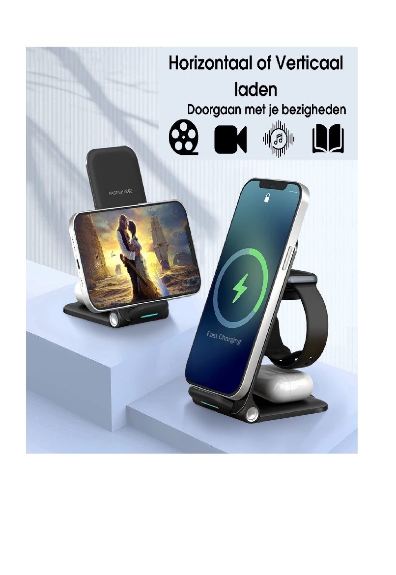 iBello 3-in-1 draadloze oplader 15W wireless voor iPhone, iWatch en Apple Samsung Android DealWizard.nl